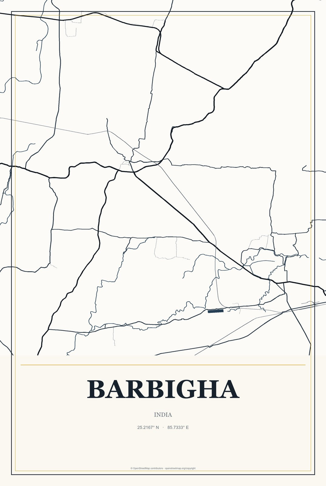 Barbigha, India City Map Aluminum Sign in Citrine Modern style