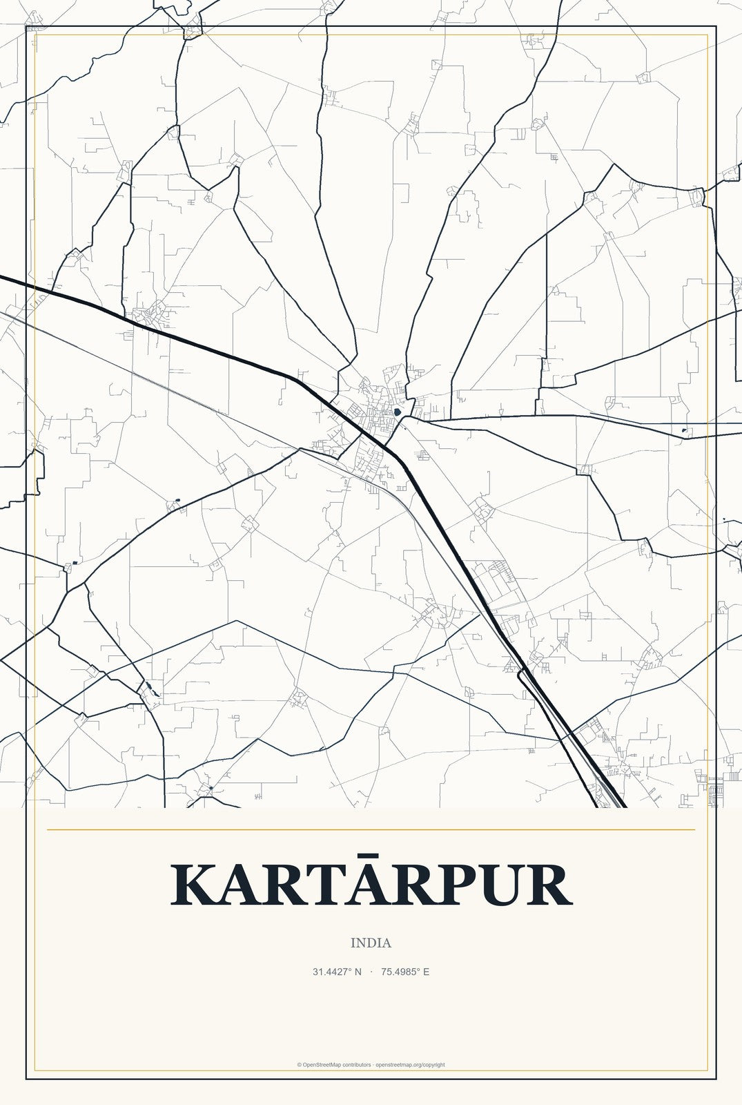 Kartārpur, India City Map Aluminum Sign in Citrine Modern style