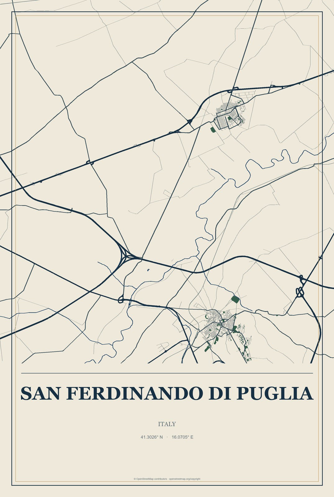 San Ferdinando di Puglia, Italy City Map Aluminum Sign in Coastal Cutout style