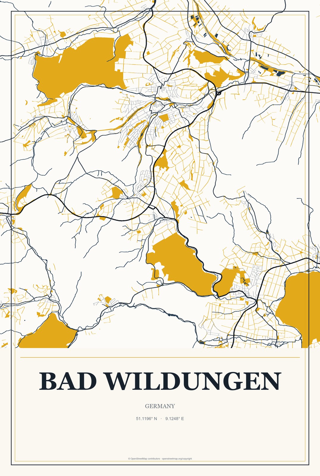Bad Wildungen, Germany City Map Aluminum Sign in Citrine Modern style