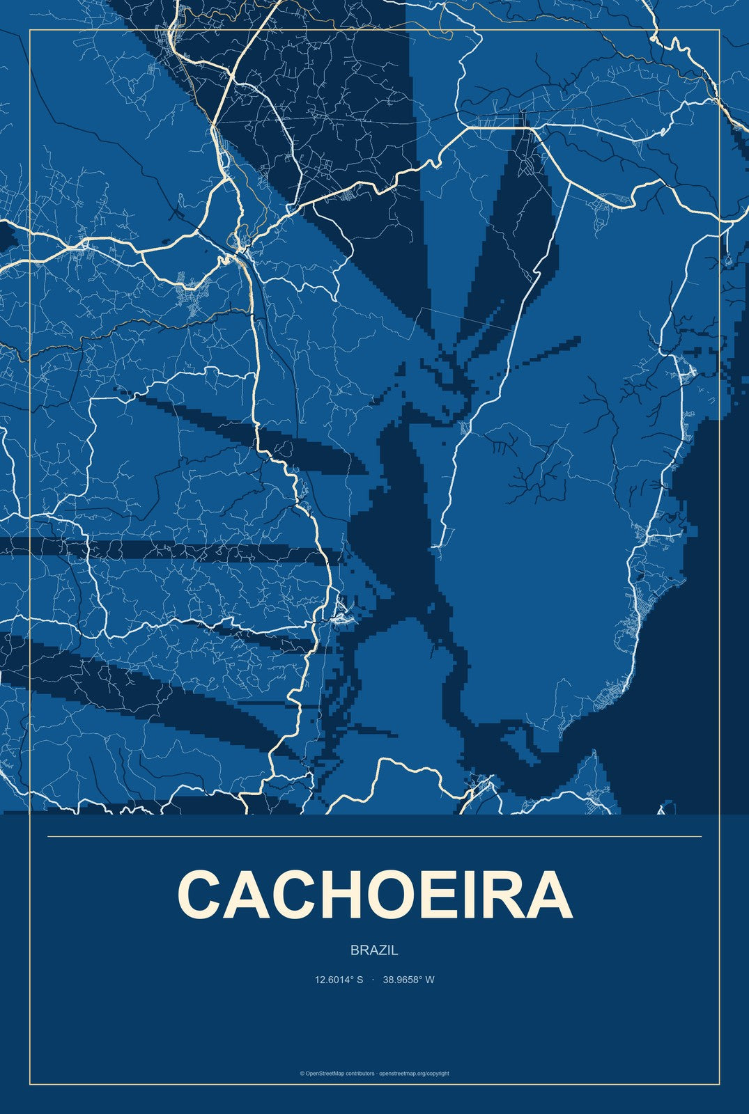 Cachoeira, Brazil City Map Aluminum Sign in Harbor Cobalt style