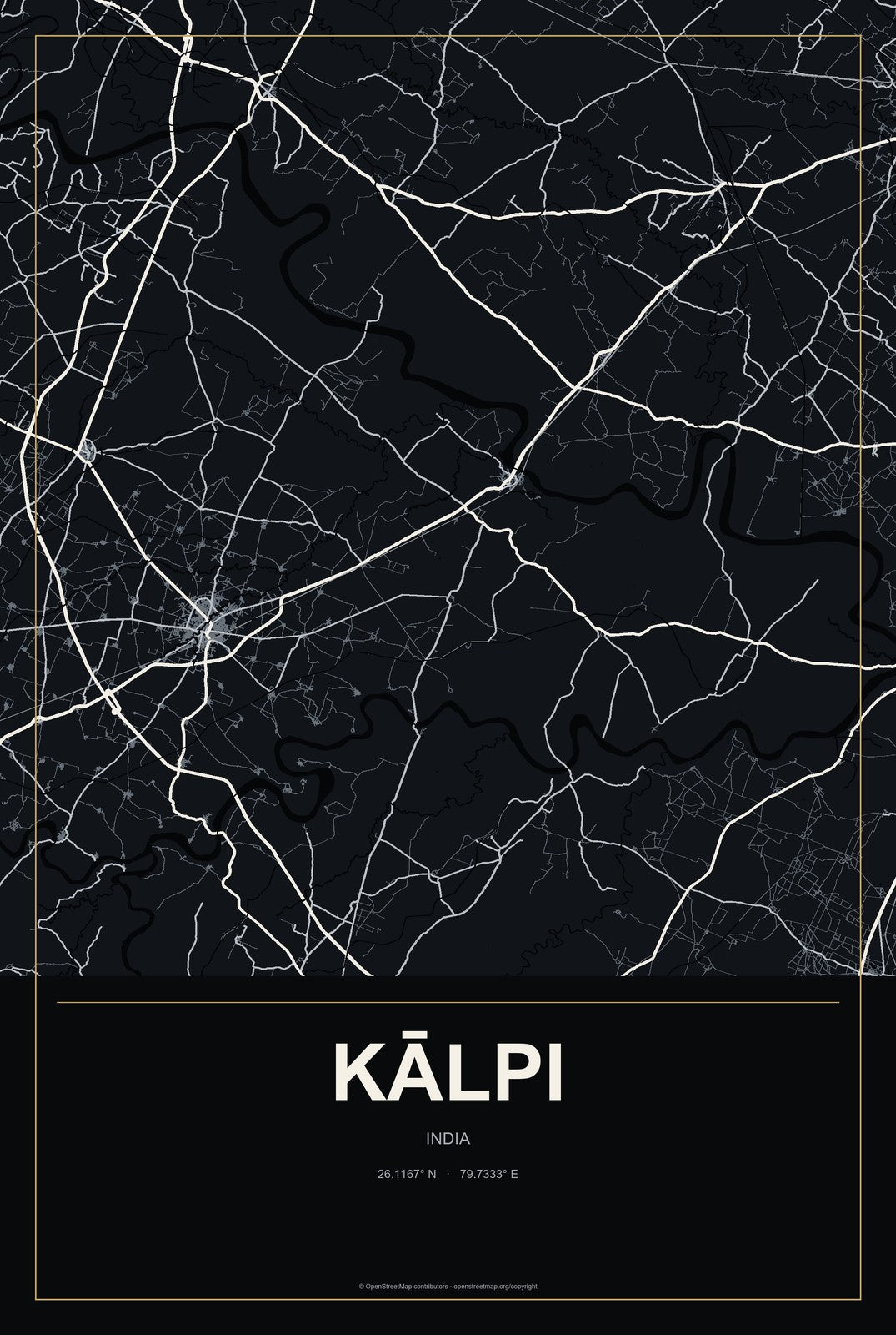 Kālpi, India City Map Aluminum Sign in Metropolitan Noir style