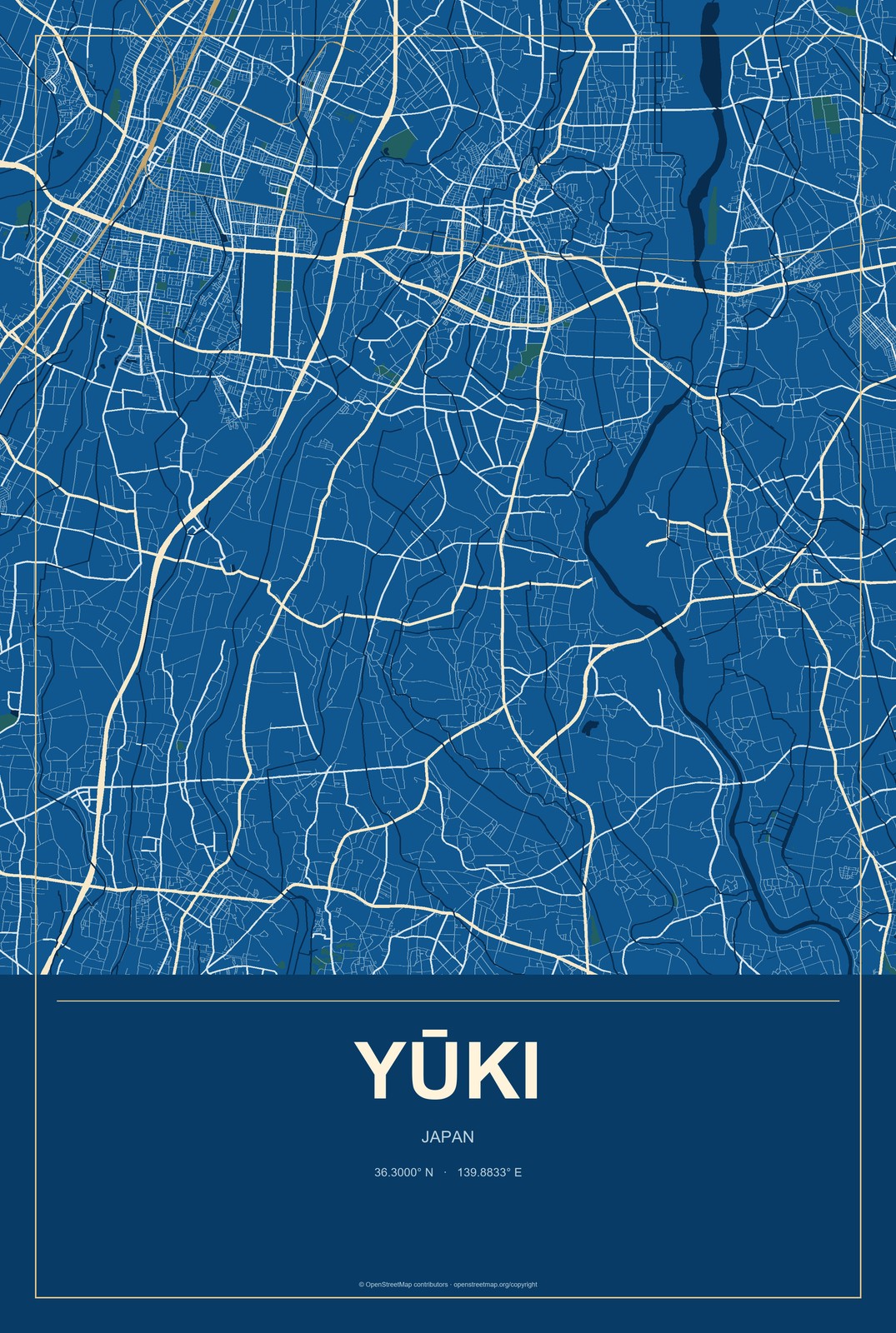 Yūki, Japan City Map Aluminum Sign in Harbor Cobalt style