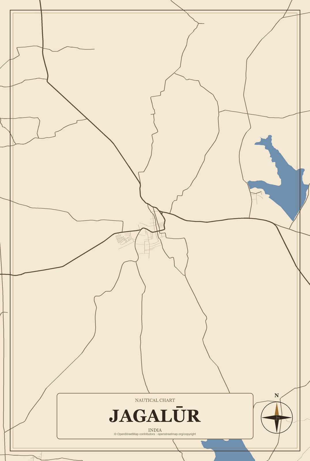 Jagalūr, India City Map Aluminum Sign in Heritage Nautical style