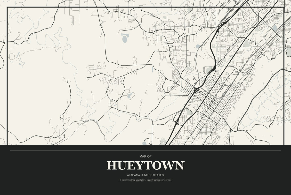 Hueytown, Alabama City Map Aluminum Sign in Museum Plaque style