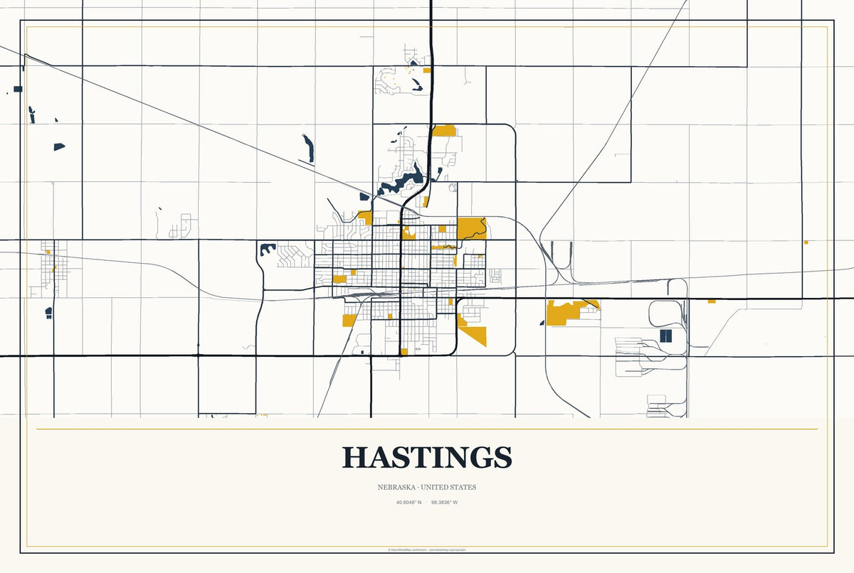 Hastings, Nebraska City Map Aluminum Sign in Citrine Modern style