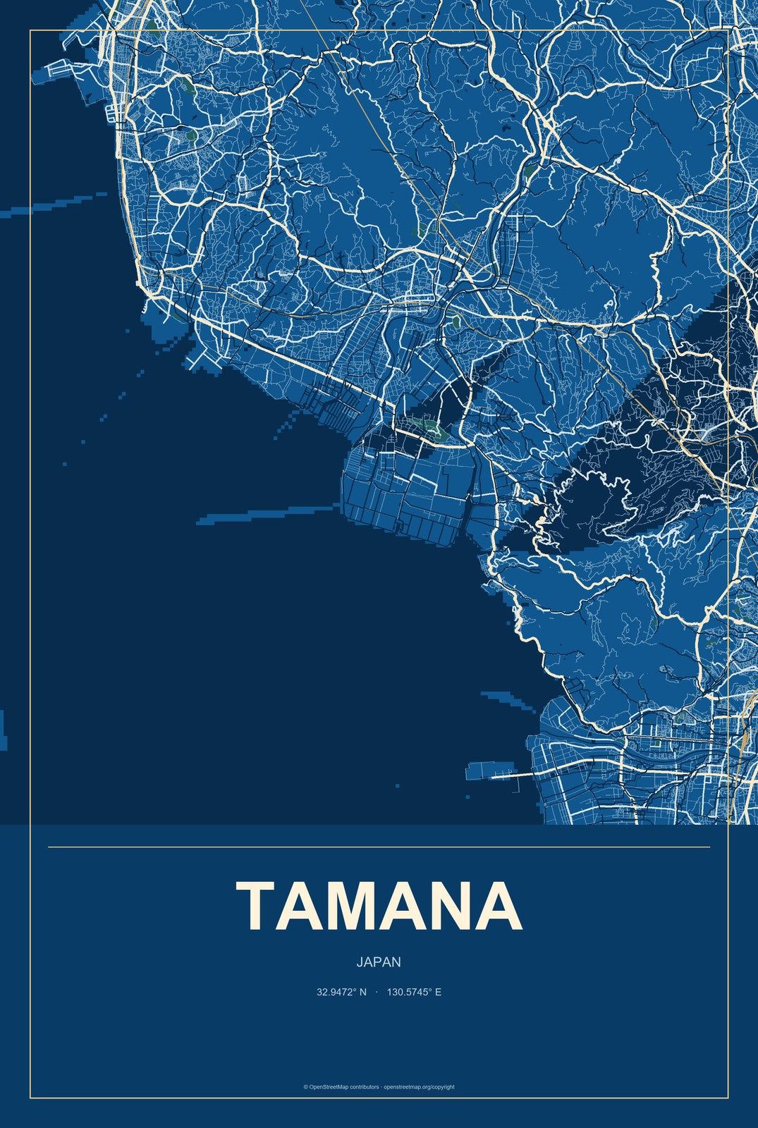 Tamana, Japan City Map Aluminum Sign in Harbor Cobalt style