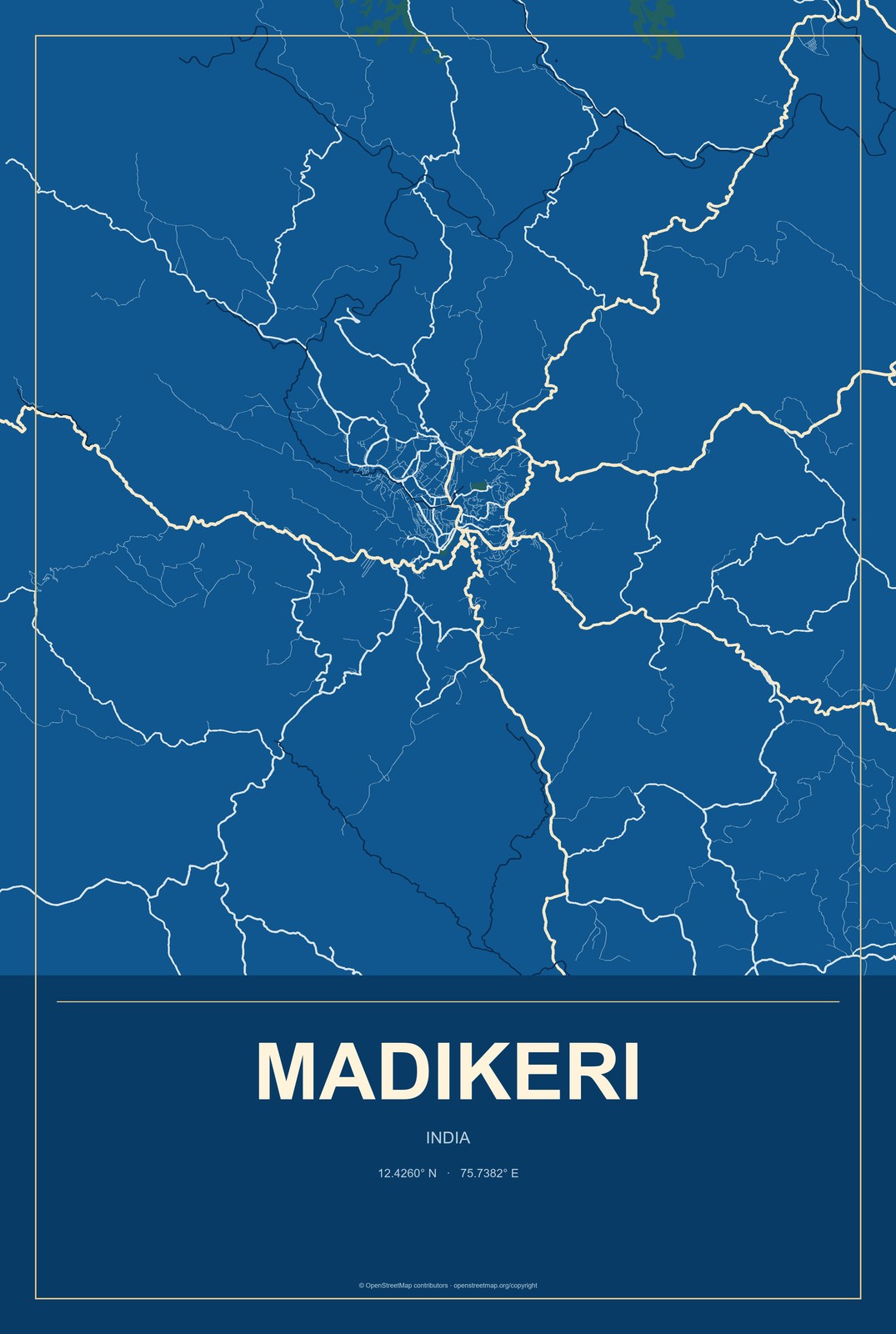 Madikeri, India City Map Aluminum Sign in Harbor Cobalt style
