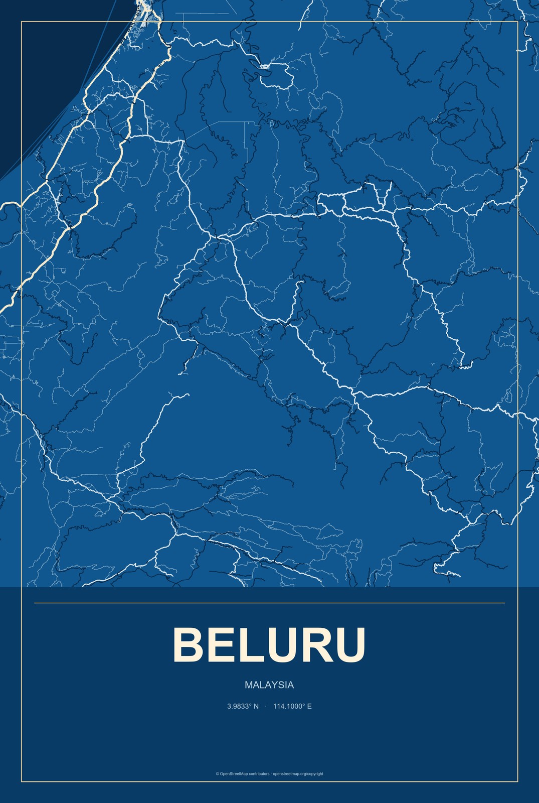 Beluru, Malaysia City Map Aluminum Sign in Harbor Cobalt style