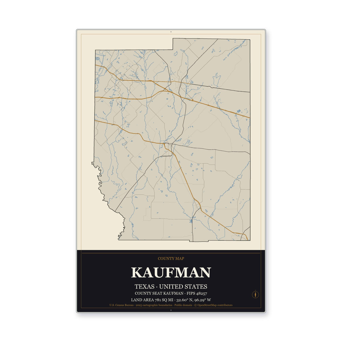 Kaufman County, Texas Map Aluminum Sign in Museum Plaque style