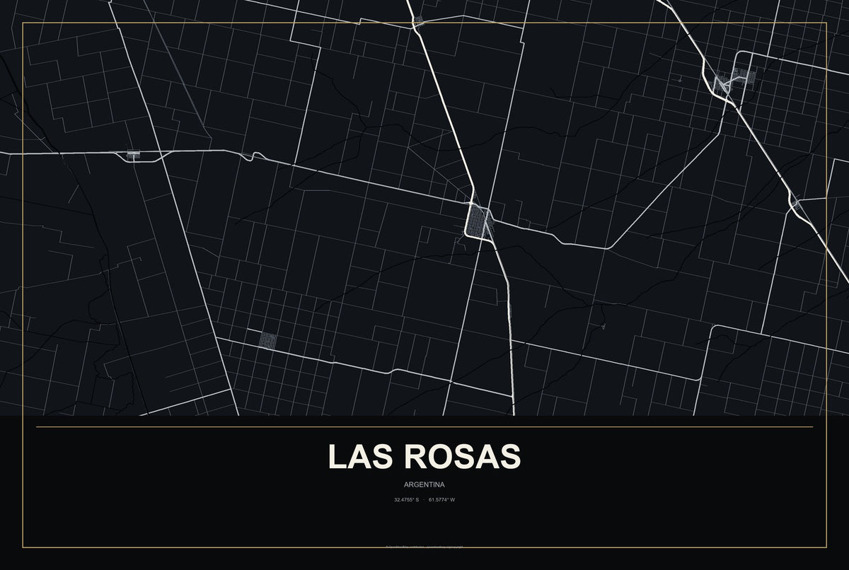 Las Rosas, Argentina City Map Aluminum Sign in Metropolitan Noir style
