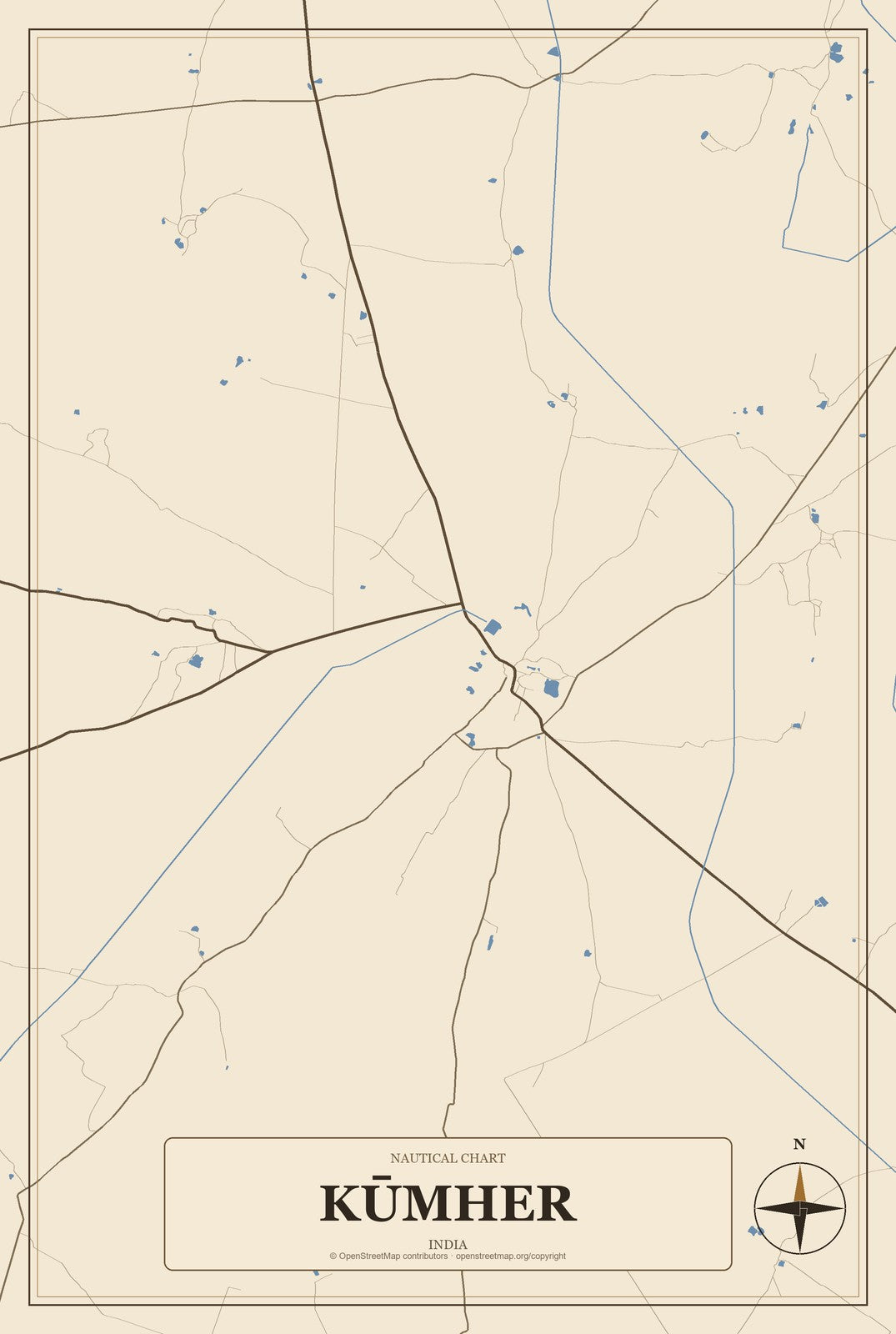 Kūmher, India City Map Aluminum Sign in Heritage Nautical style