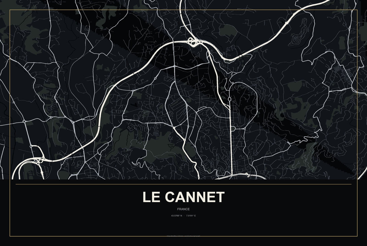 Le Cannet, France City Map Aluminum Sign in Metropolitan Noir style