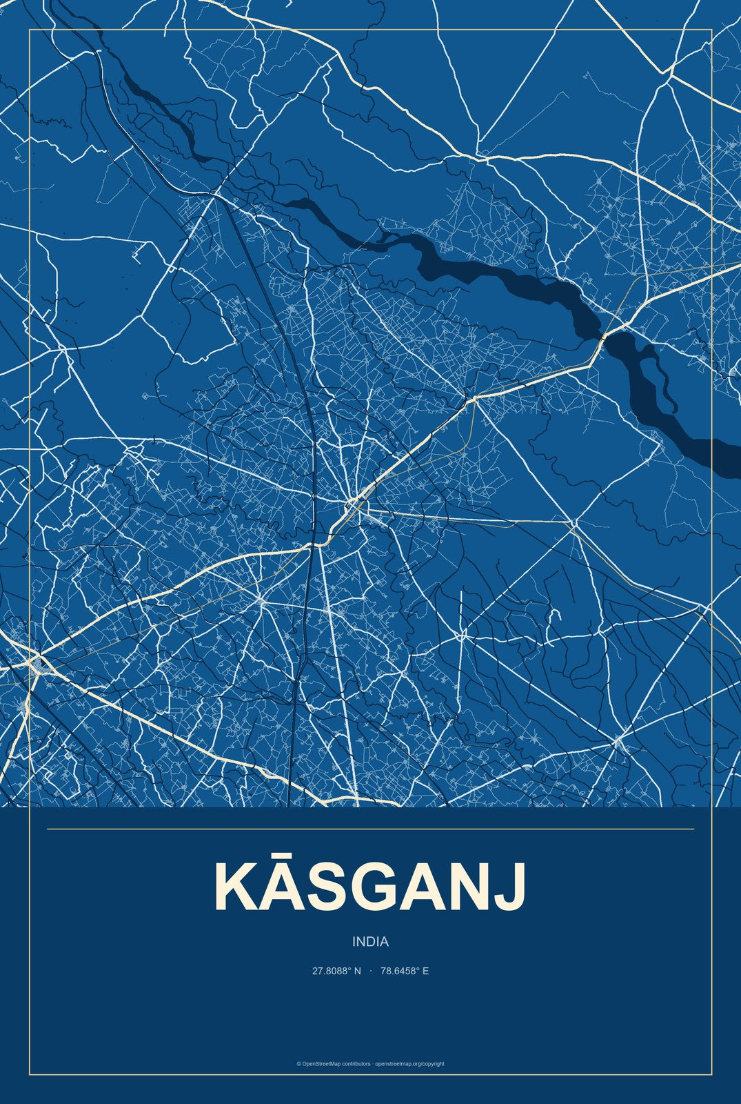 Kāsganj, India City Map Aluminum Sign in Harbor Cobalt style