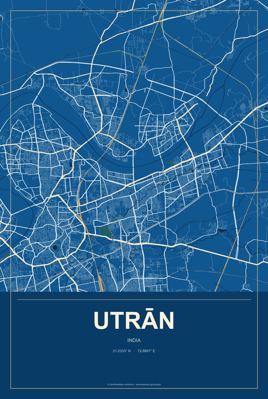 Utrān, India City Map Aluminum Sign in Harbor Cobalt style