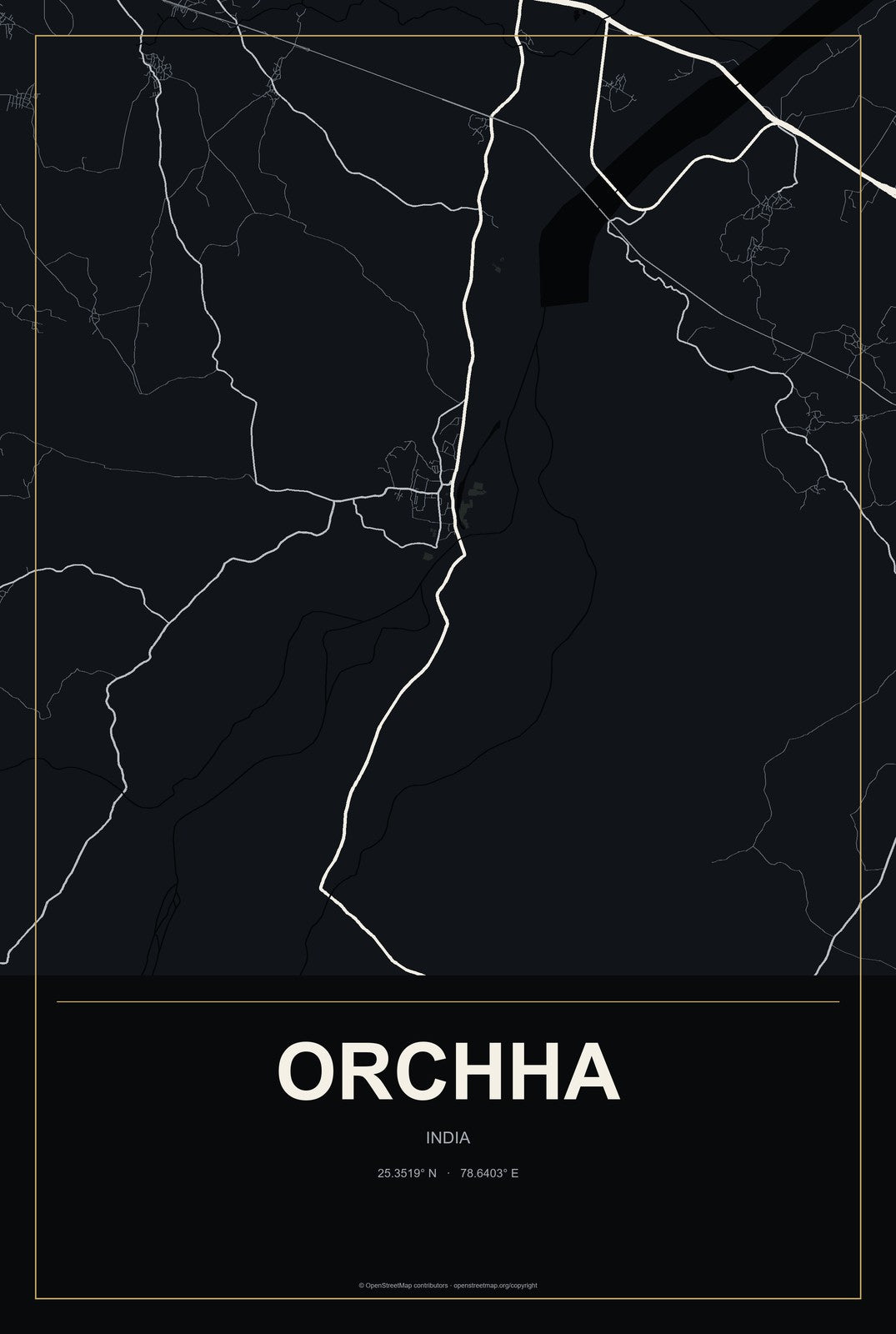 Orchha, India City Map Aluminum Sign in Metropolitan Noir style