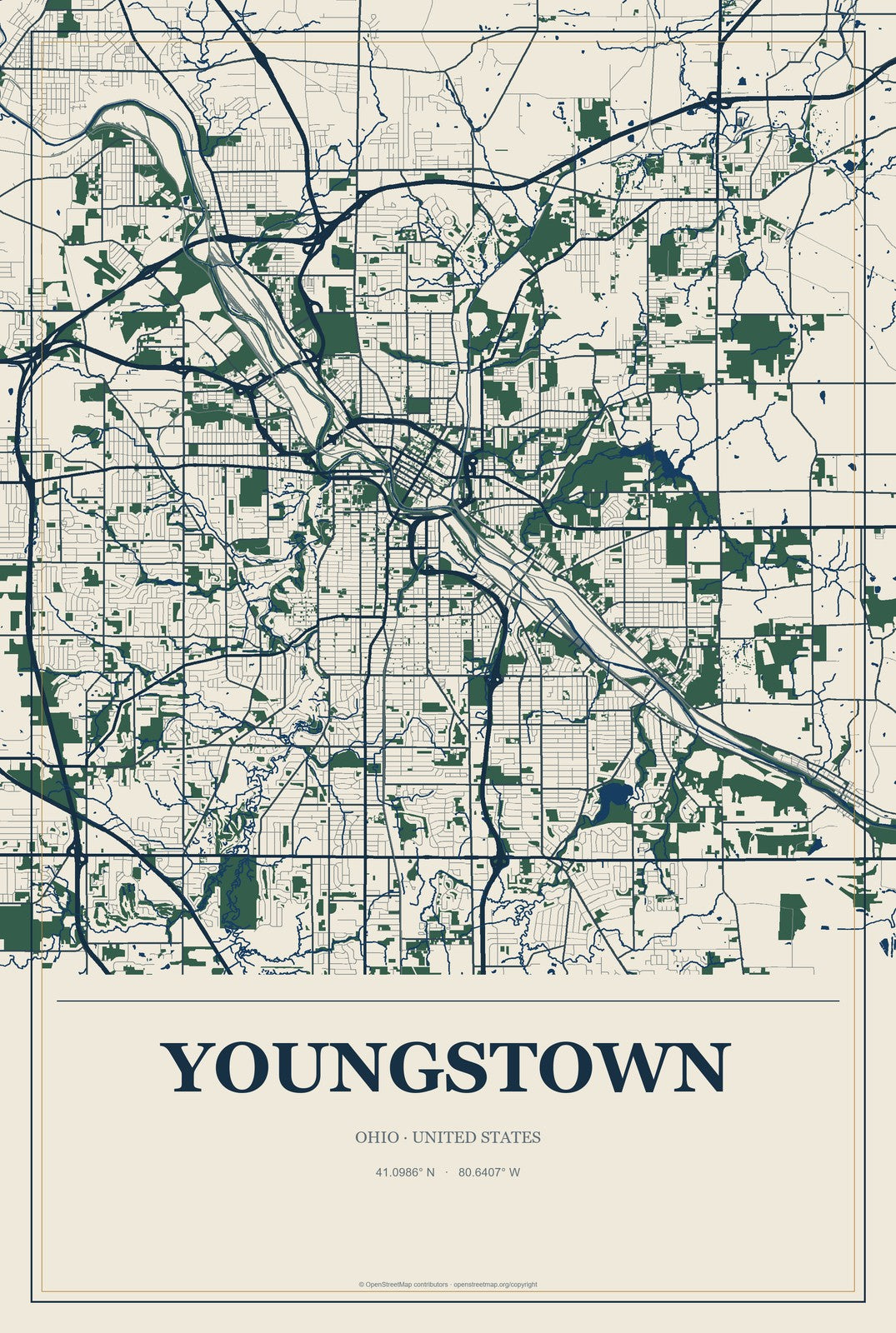 Youngstown, Ohio City Map Aluminum Sign in Coastal Cutout style