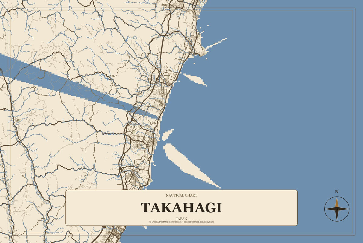 Takahagi, Japan City Map Aluminum Sign in Heritage Nautical style