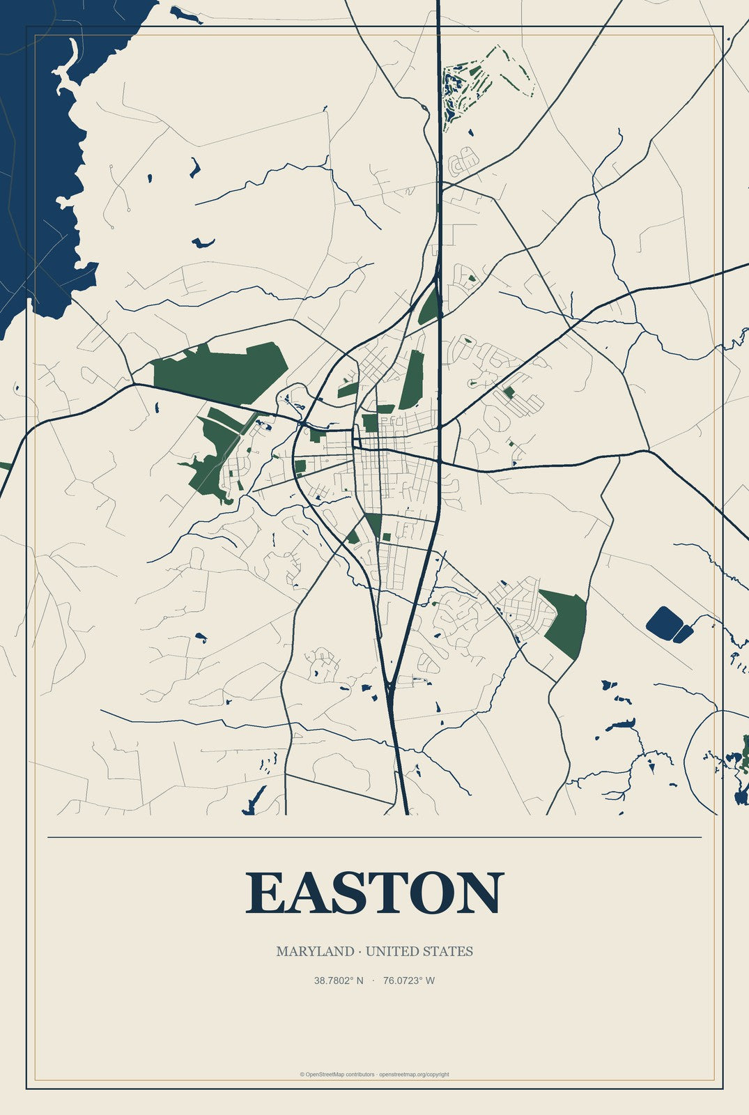 Easton, Maryland City Map Aluminum Sign in Coastal Cutout style