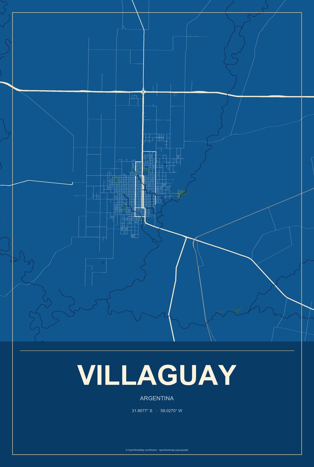 Villaguay, Argentina City Map Aluminum Sign in Harbor Cobalt style