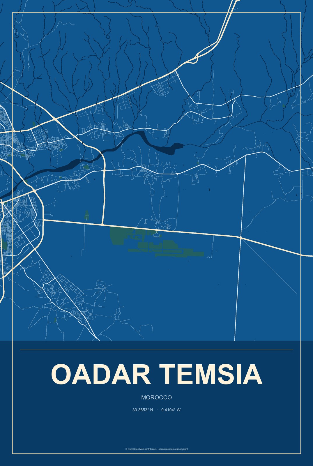 Oadar Temsia, Morocco City Map Aluminum Sign in Harbor Cobalt style