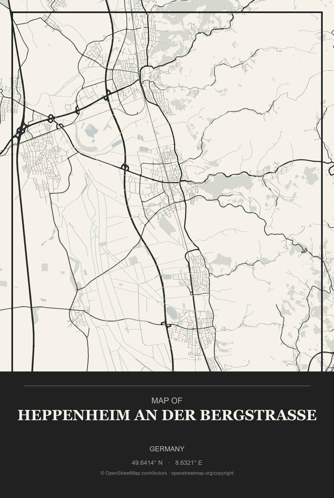 Heppenheim an der Bergstrasse, Germany City Map Aluminum Sign in Museum Plaque style