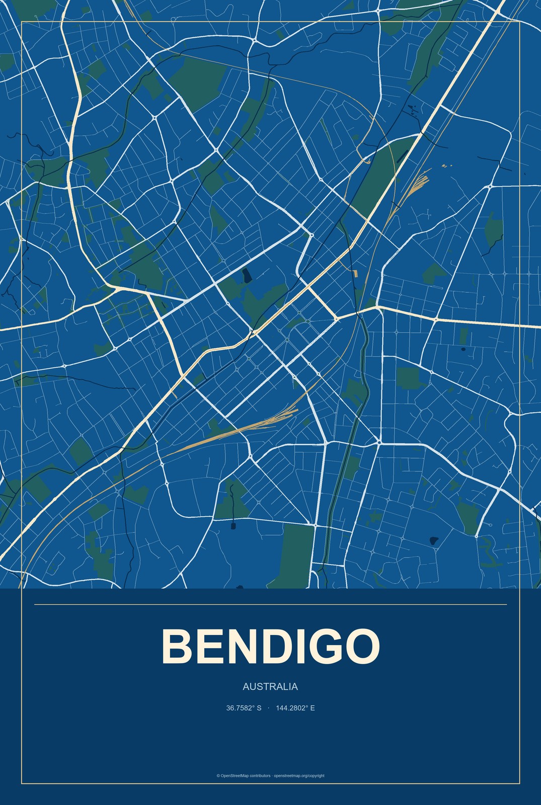 Bendigo, Australia City Map Aluminum Sign in Harbor Cobalt style