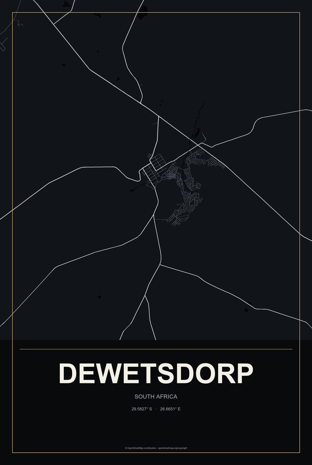 Dewetsdorp, South Africa City Map Aluminum Sign in Metropolitan Noir style