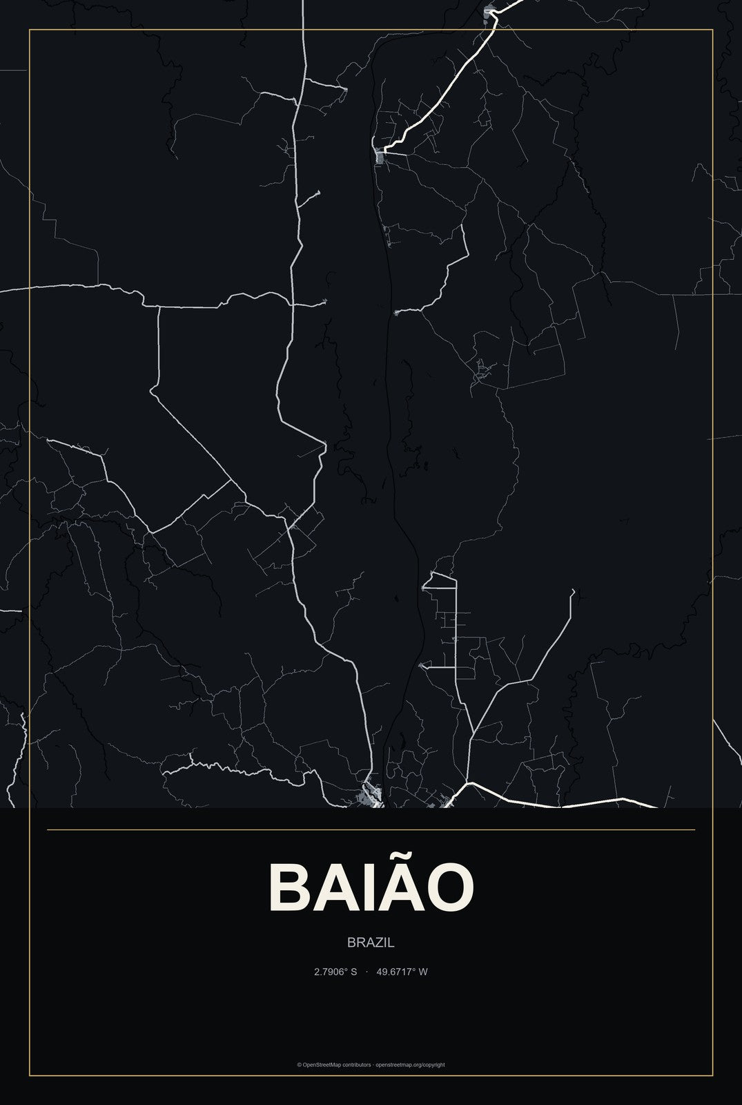 Baião, Brazil City Map Aluminum Sign in Metropolitan Noir style