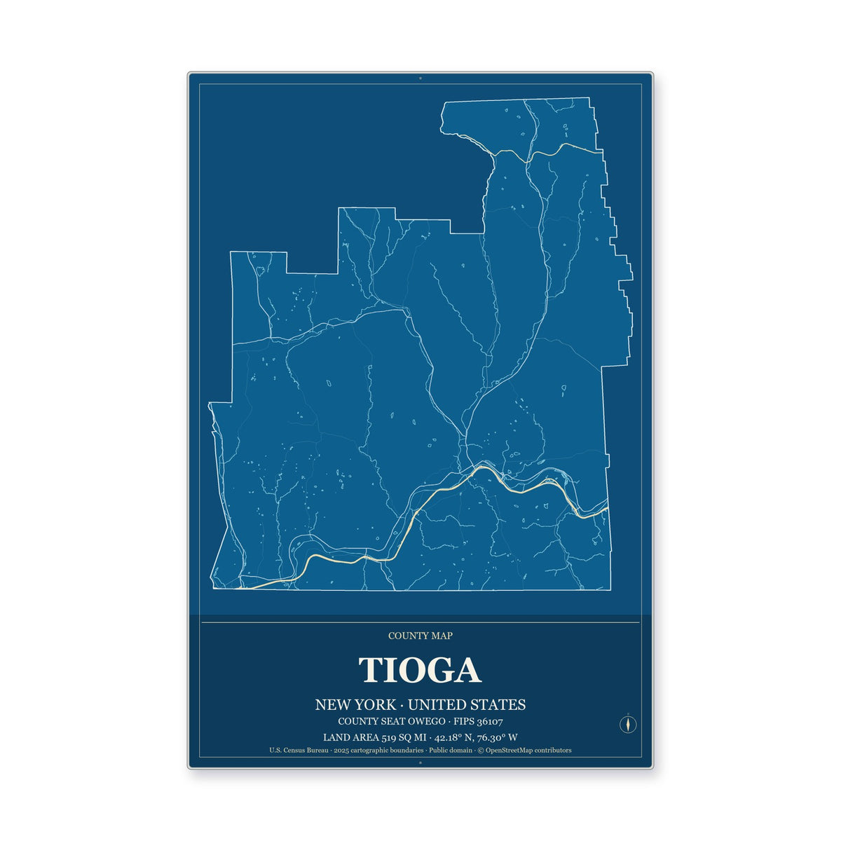 Tioga County, New York Map Aluminum Sign in Harbor Cobalt style