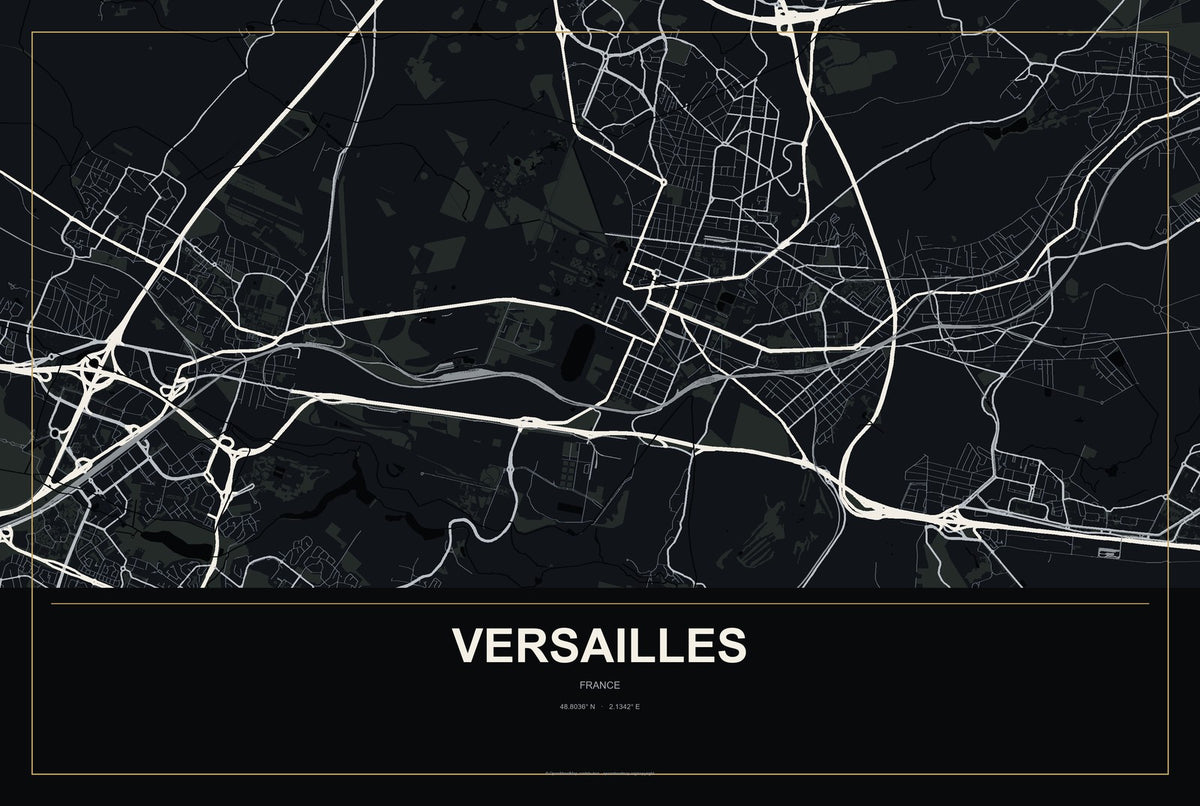 Versailles, France City Map Aluminum Sign in Metropolitan Noir style