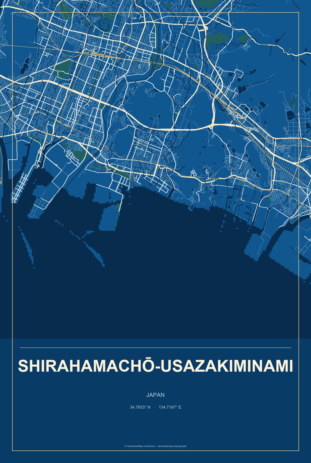 Shirahamachō-usazakiminami, Japan City Map Aluminum Sign in Harbor Cobalt style