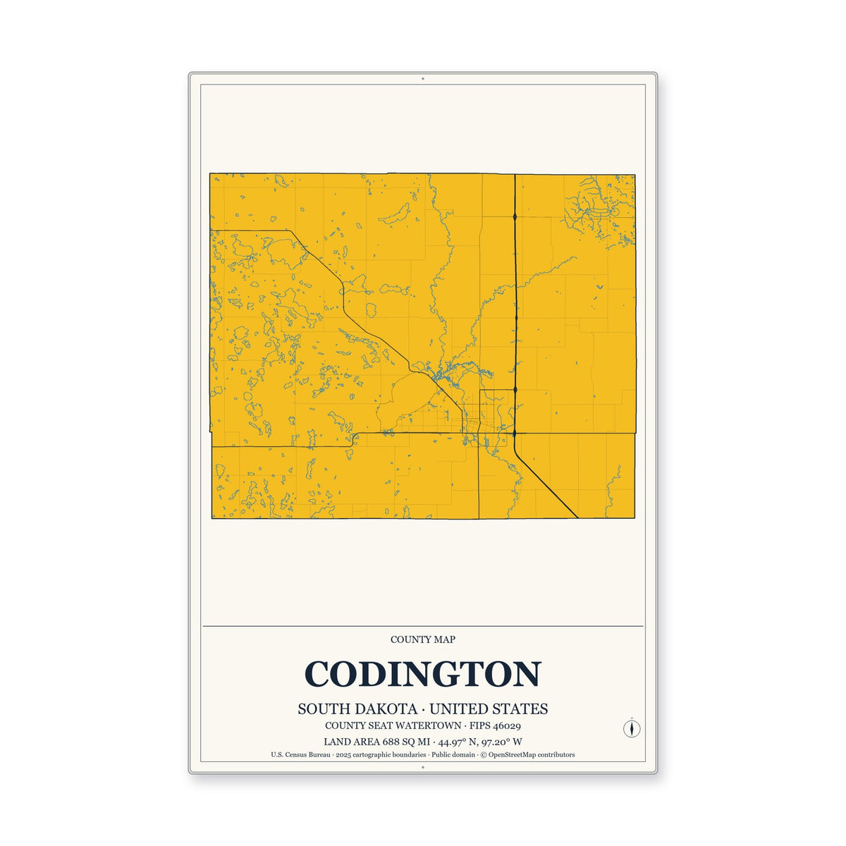 Codington County, South Dakota Map Aluminum Sign in Citrine Modern style
