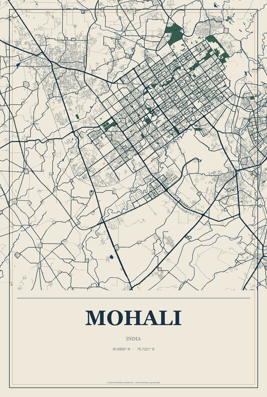 Mohali, India City Map Aluminum Sign in Coastal Cutout style