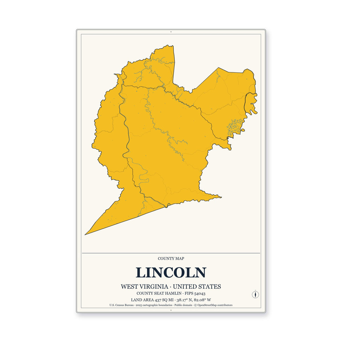 Lincoln County, West Virginia Map Aluminum Sign in Citrine Modern style