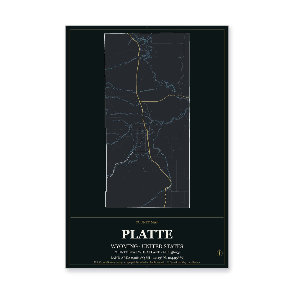 Platte County, Wyoming Map Aluminum Sign in Metropolitan Noir style