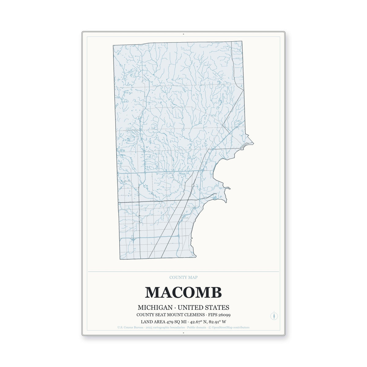 Macomb County, Michigan Map Aluminum Sign in Gallery Air style