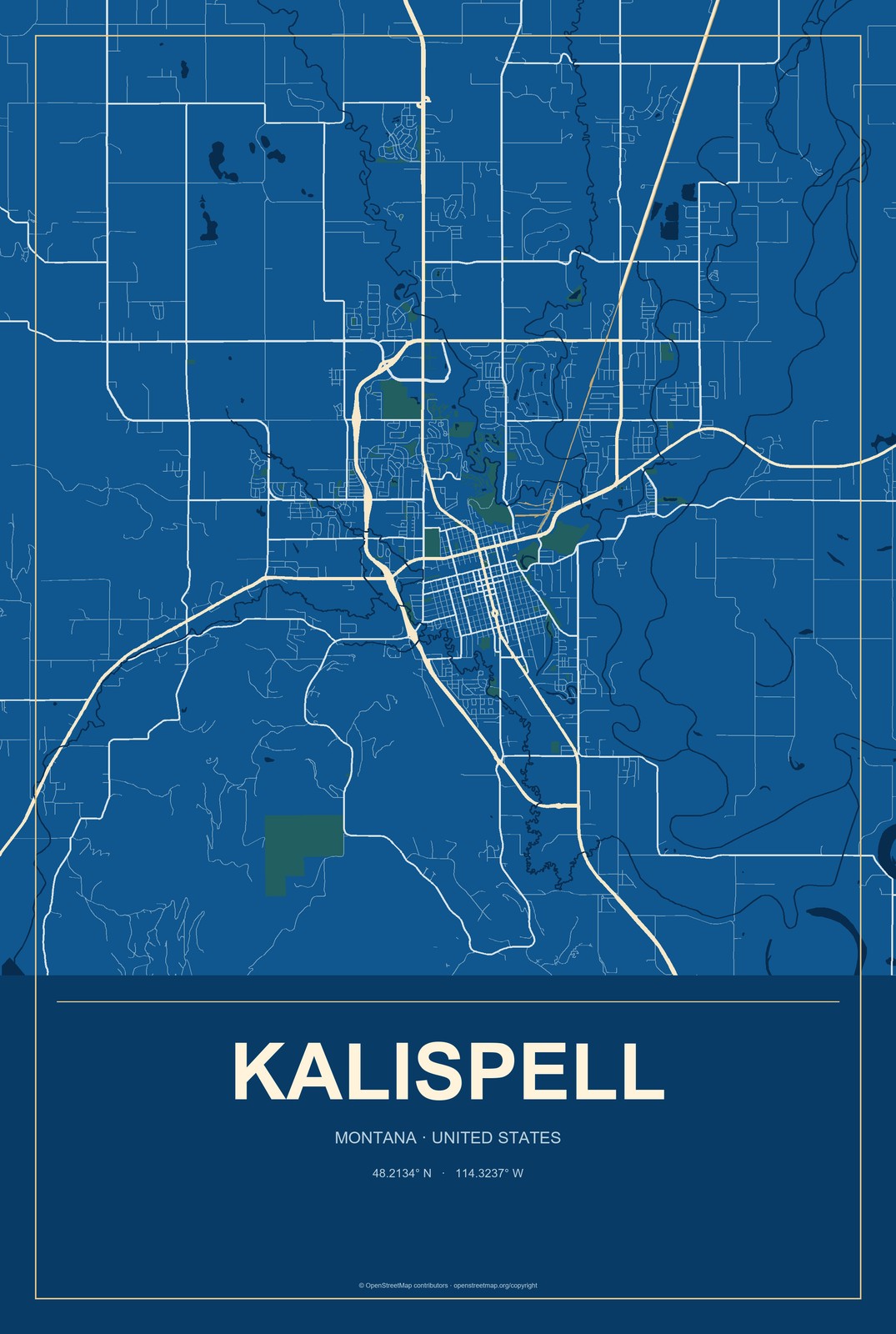 Kalispell, Montana City Map Aluminum Sign in Harbor Cobalt style
