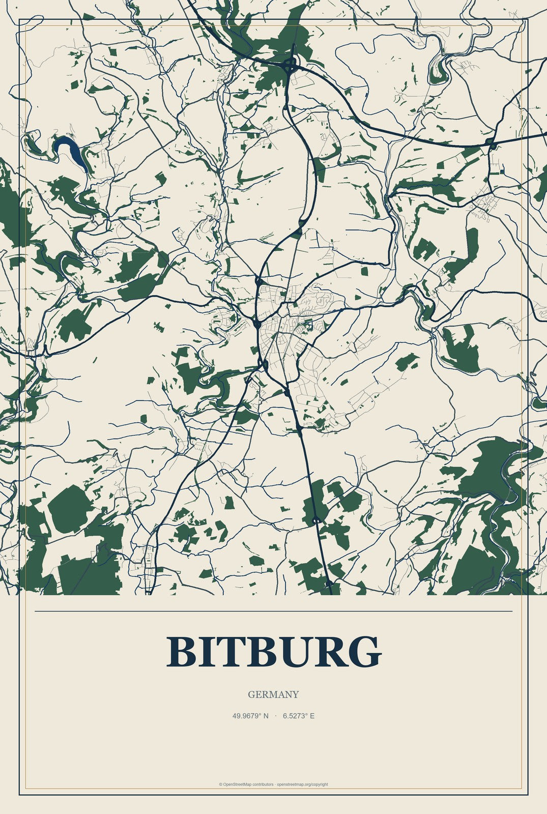 Bitburg, Germany City Map Aluminum Sign in Coastal Cutout style