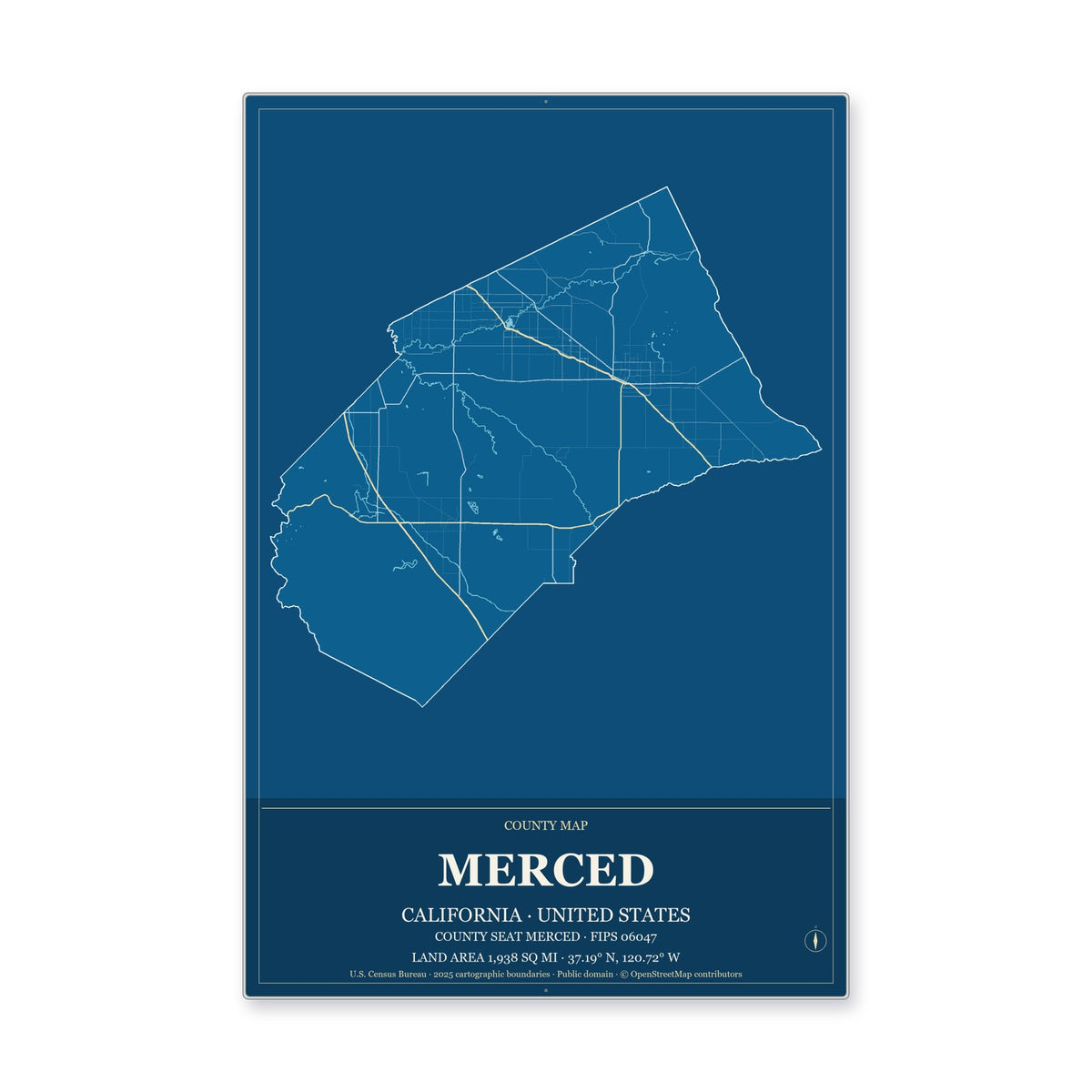 Merced County, California Map Aluminum Sign in Harbor Cobalt style