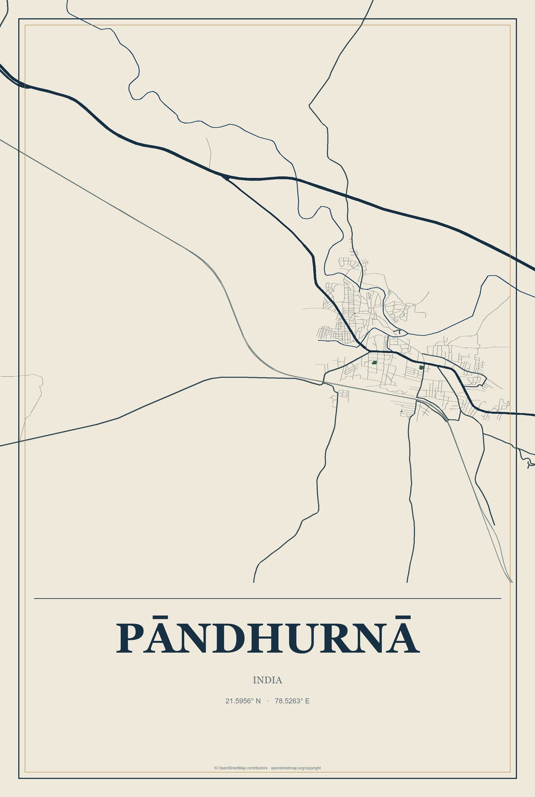 Pāndhurnā, India City Map Aluminum Sign in Coastal Cutout style