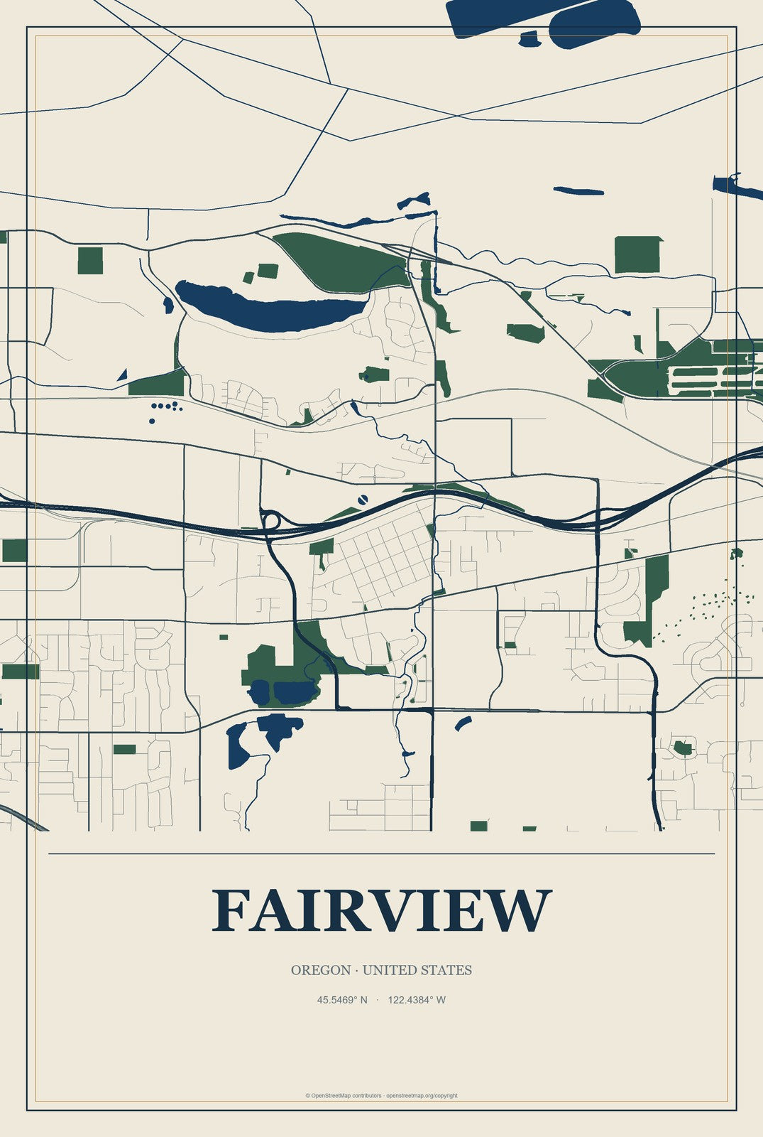 Fairview, Oregon City Map Aluminum Sign in Coastal Cutout style