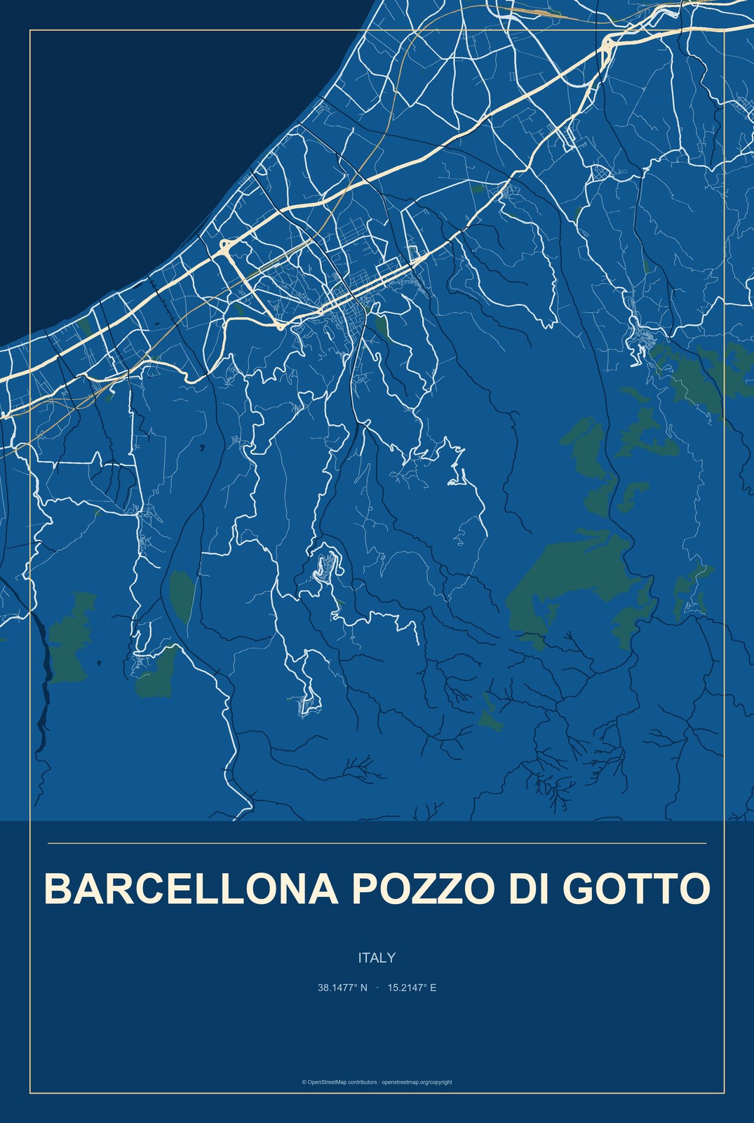 Barcellona Pozzo di Gotto, Italy City Map Aluminum Sign in Harbor Cobalt style