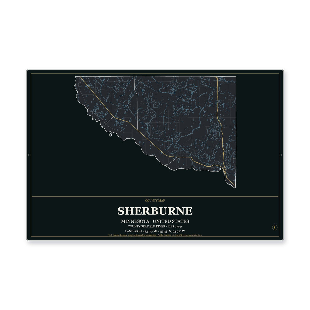 Sherburne County, Minnesota Map Aluminum Sign in Metropolitan Noir style
