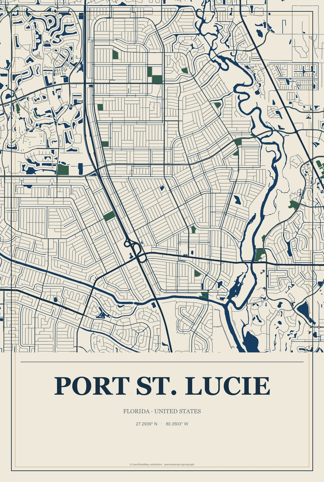 Port St. Lucie, Florida City Map Aluminum Sign in Coastal Cutout style