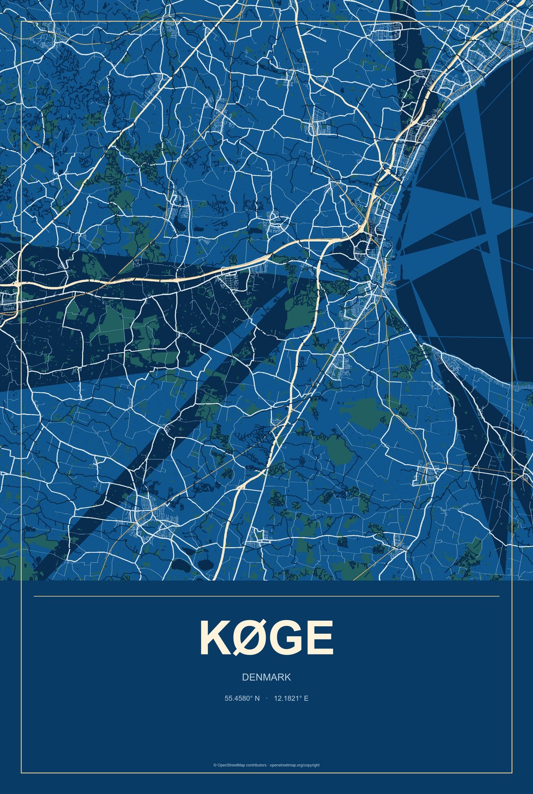Køge, Denmark City Map Aluminum Sign in Harbor Cobalt style