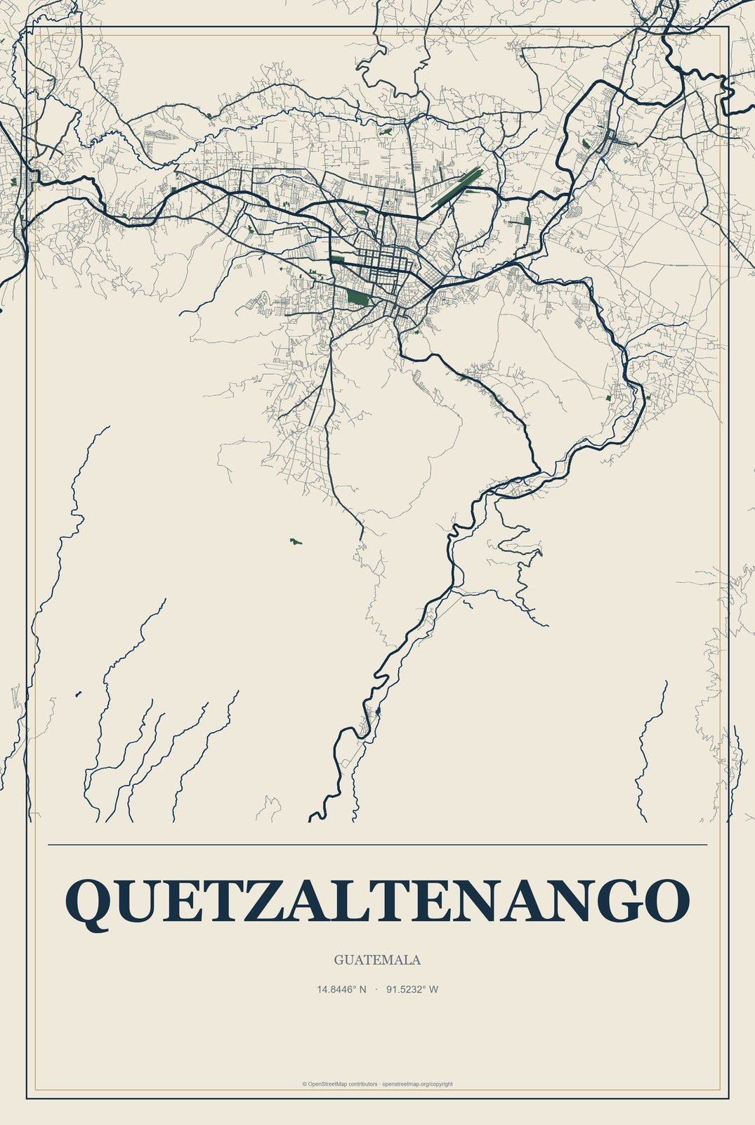 Quetzaltenango, Guatemala City Map Aluminum Sign in Coastal Cutout style