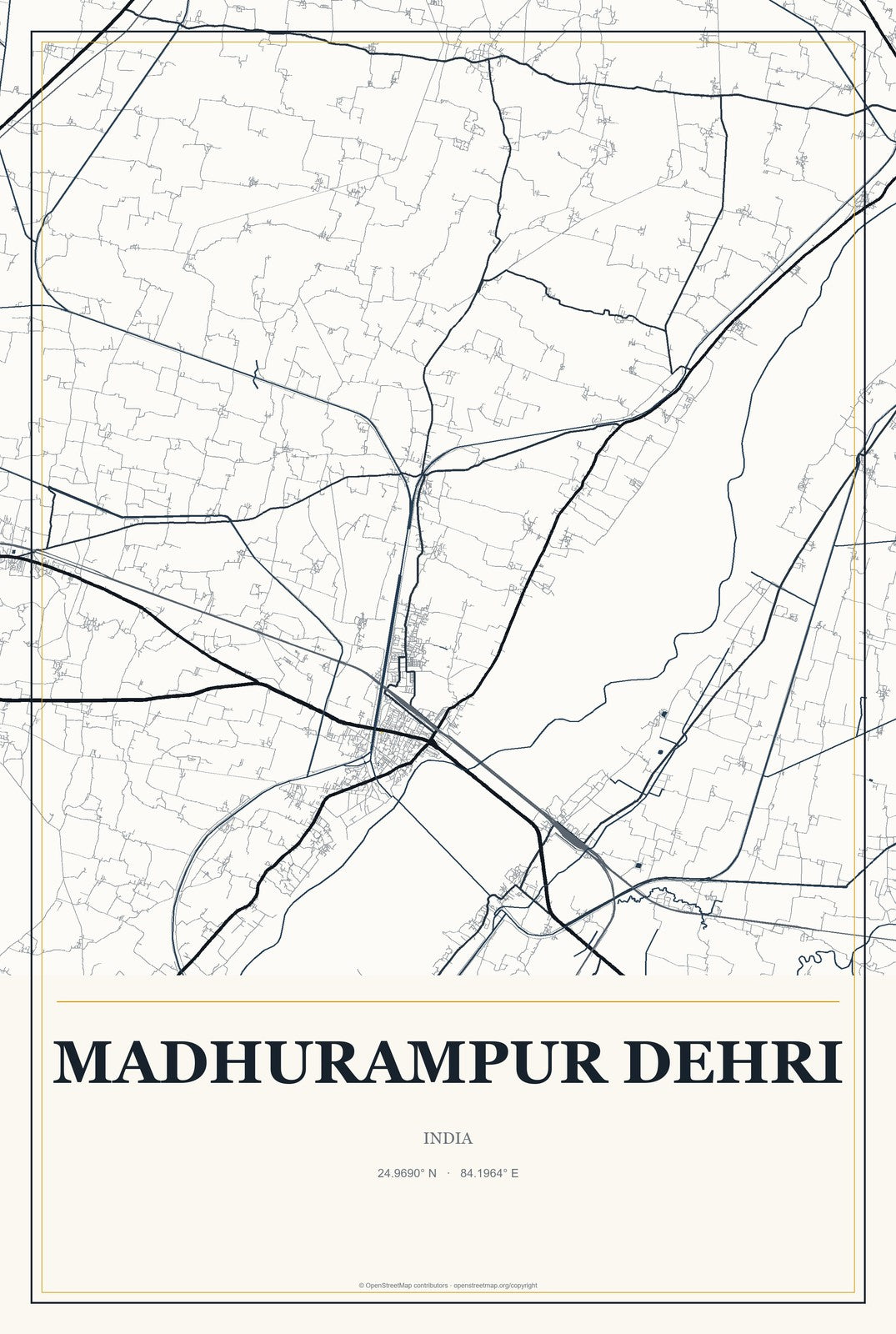 Madhurampur Dehri, India City Map Aluminum Sign in Citrine Modern style