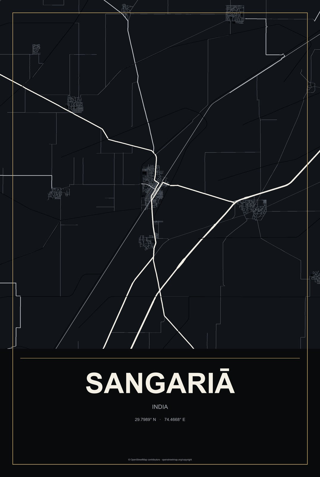 Sangariā, India City Map Aluminum Sign in Metropolitan Noir style