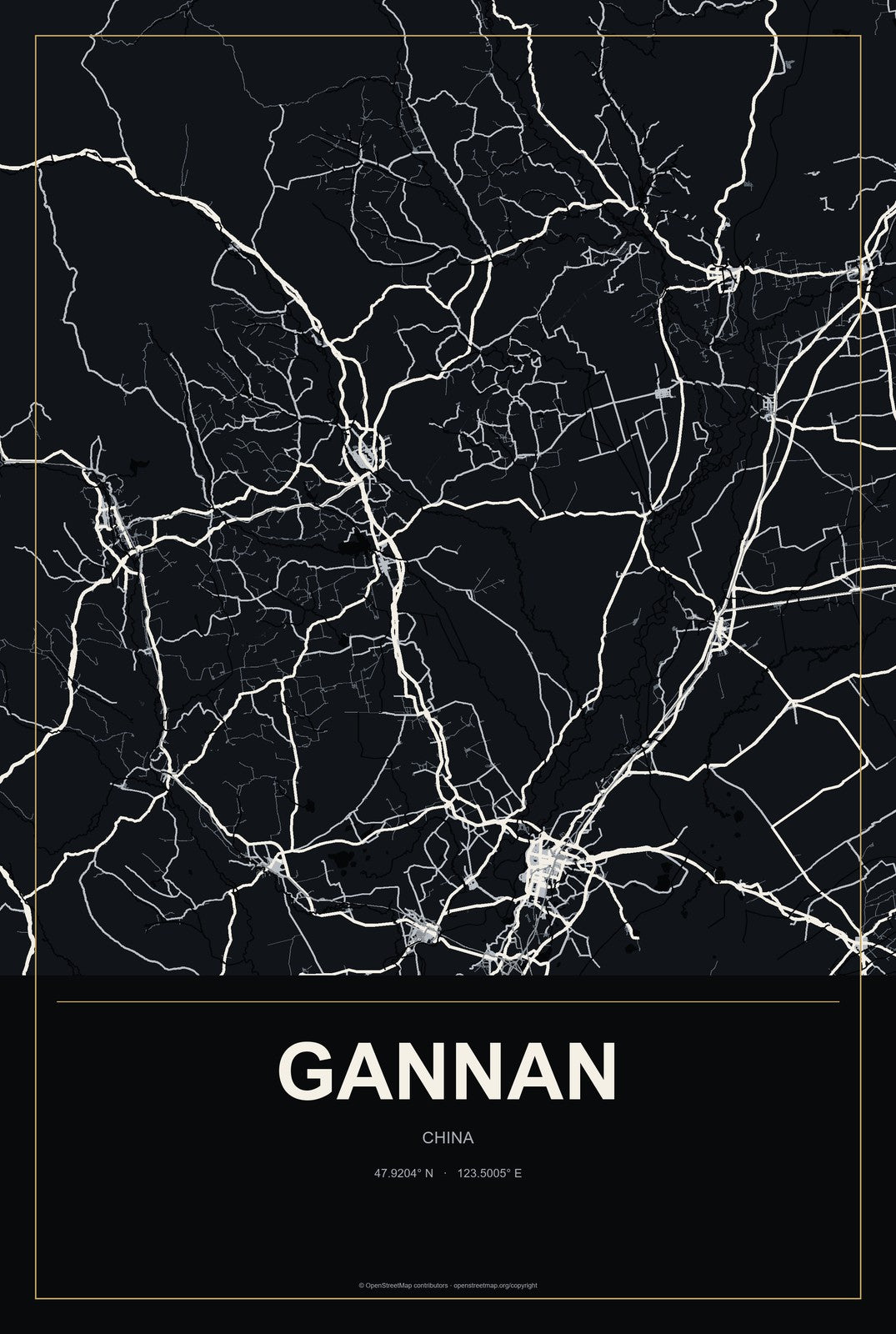 Gannan, China City Map Aluminum Sign in Metropolitan Noir style